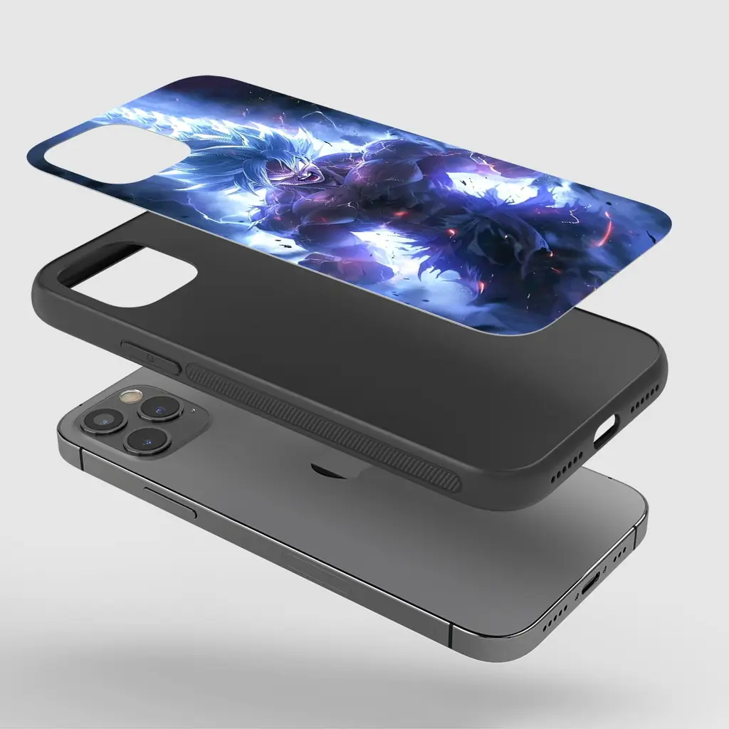 Angled View Of Goku Ultra Instinct Silicone Armored Phone Case With Powerful Goku Design