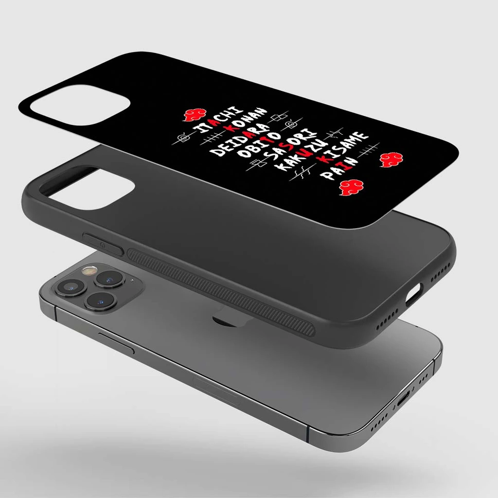 Angled view of Akatsuki Character Names Silicone Armored Phone Case with Naruto design.webp
